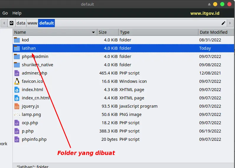 membuat folder di dalam path /data/www/default